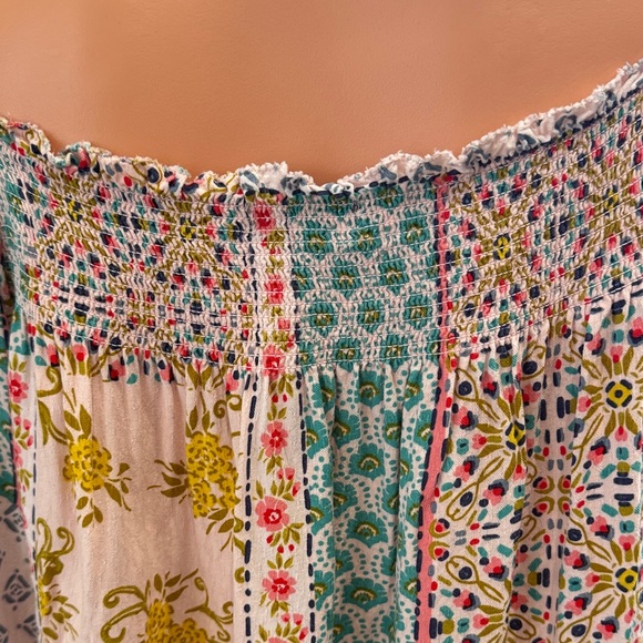 Democracy Patchwork Square-Neck Peasant Top in Pink, Green, Yellow, White - Picture 3 of 6